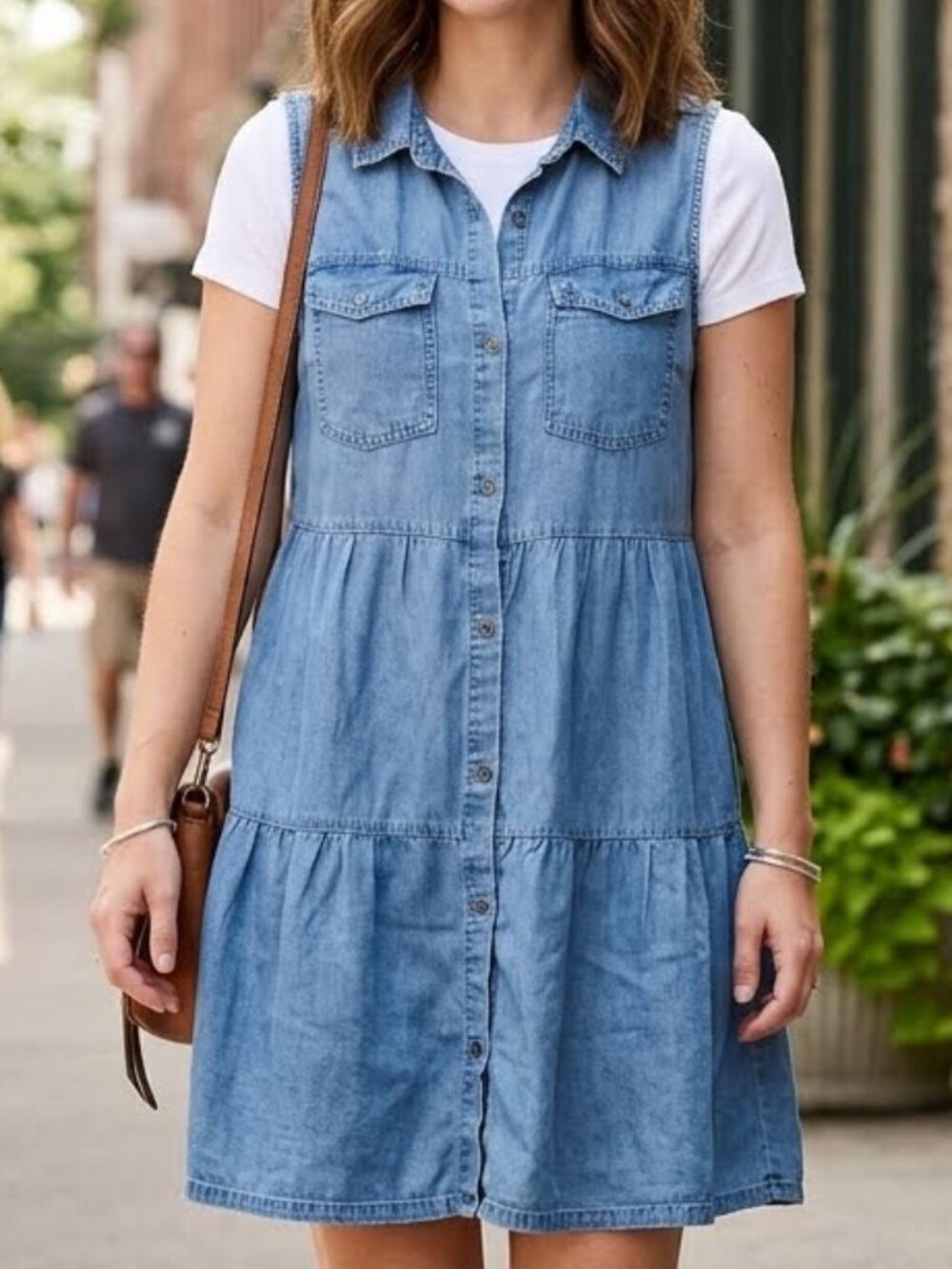Velvet Heart Women's Denim Sleeveless Button Down Chambray Tiered Shirt Dress